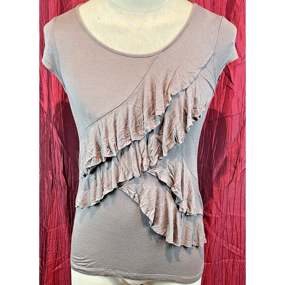 Womens Willi Smith Brown Jersey Scoop Neck Sleeveless T-Shirt w Ruffles sz Med